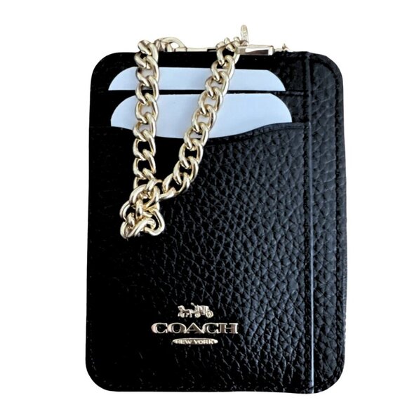 COACH Zip Card Case Black Pebble Leather Gold Accents Detachable Chain - Picture 2 of 7